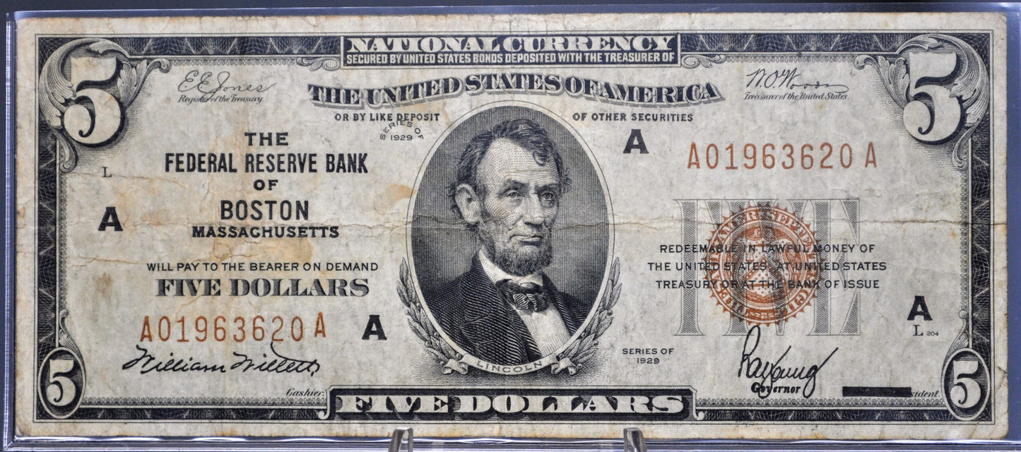 1929 Boston Federal Reserve 5 Dollar Banknote - Very Fine (VF) Grade - 1929 Brown Seal MA Five Dollar National Currency Note - Fr#1850-A