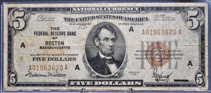 1929 Boston Federal Reserve 5 Dollar Banknote - Very Fine (VF) Grade - 1929 Brown Seal MA Five Dollar National Currency Note - Fr#1850-A