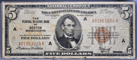 1929 Boston Federal Reserve 5 Dollar Banknote - Very Fine (VF) Grade - 1929 Brown Seal MA Five Dollar National Currency Note - Fr#1850-A