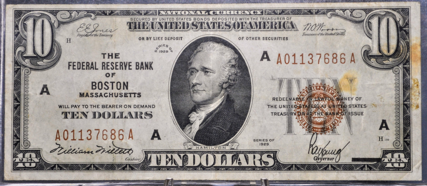 1929 Boston Federal Reserve 10 Dollar Bank Note - Extremely Fine (XF) - 1929 Brown Seal National Currency Boston Ten Dollar Note - Fr#1860A
