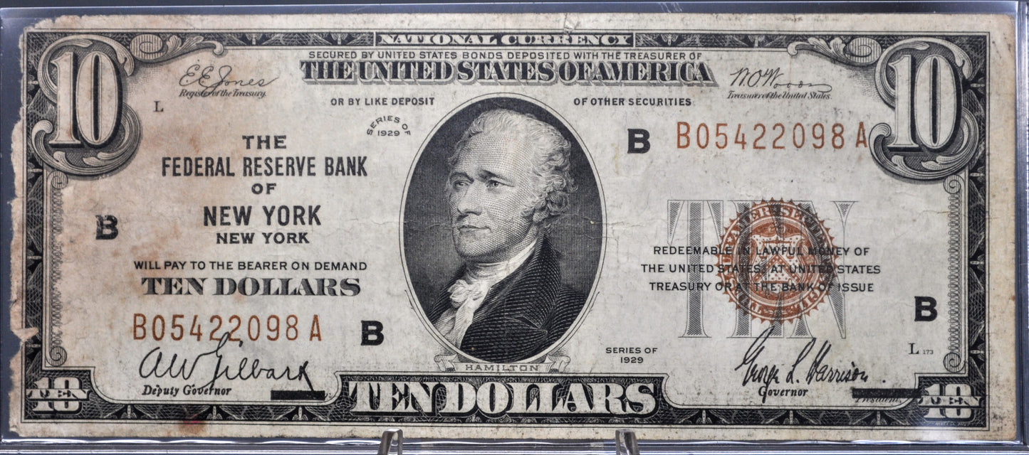 1929 New York Bank 10 Dollar National Currency Note - Very Fine (VF) with Stains - NY 1929 Brown Seal Ten Dollar FRBN Banknote - Fr#1860-B