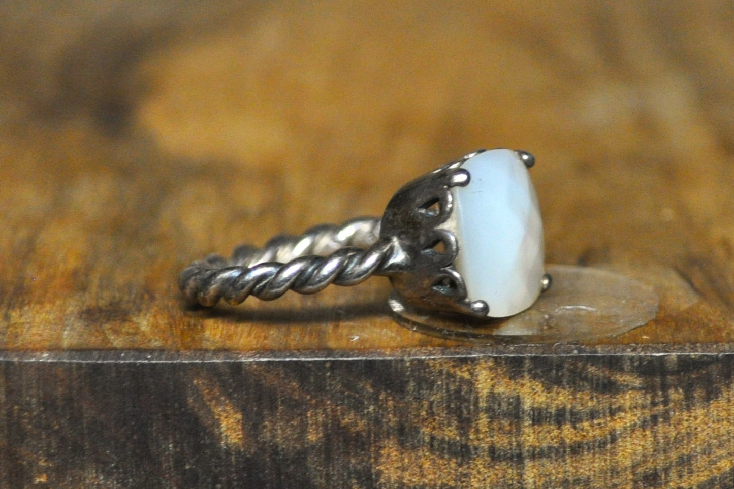 Pandora Mother of Pearl Twisted Rope Band Ring - Size 7 - Stamped and Tested Sterling Silver - Crown Filigree - Checkerboard Cut