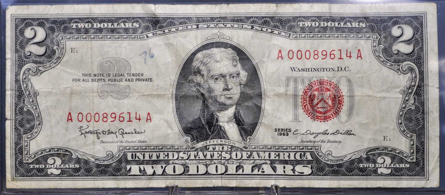 1963 Low Serial Number U.S. Legal Tender 2 Dollar Note - 00089614 - 1963 Two Dollar Low Serial Red Seal Note - Fr#1513