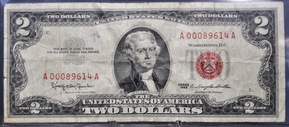 1963 Low Serial Number U.S. Legal Tender 2 Dollar Note - 00089614 - 1963 Two Dollar Low Serial Red Seal Note - Fr#1513