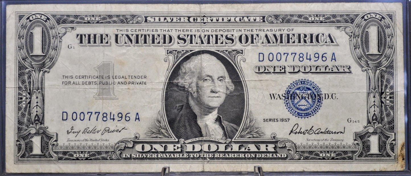 1957 Low Fancy Repeating Serial Number Silver Cert 1 Dollar Note - 00778496 - 1957 One Dollar Blue Seal Fancy Serial Banknote - Fr#1619
