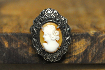 Vintage Authentic Cameo Ring - Broken Band - Tested Sterling Silver - Victorian Era Style - For Repair