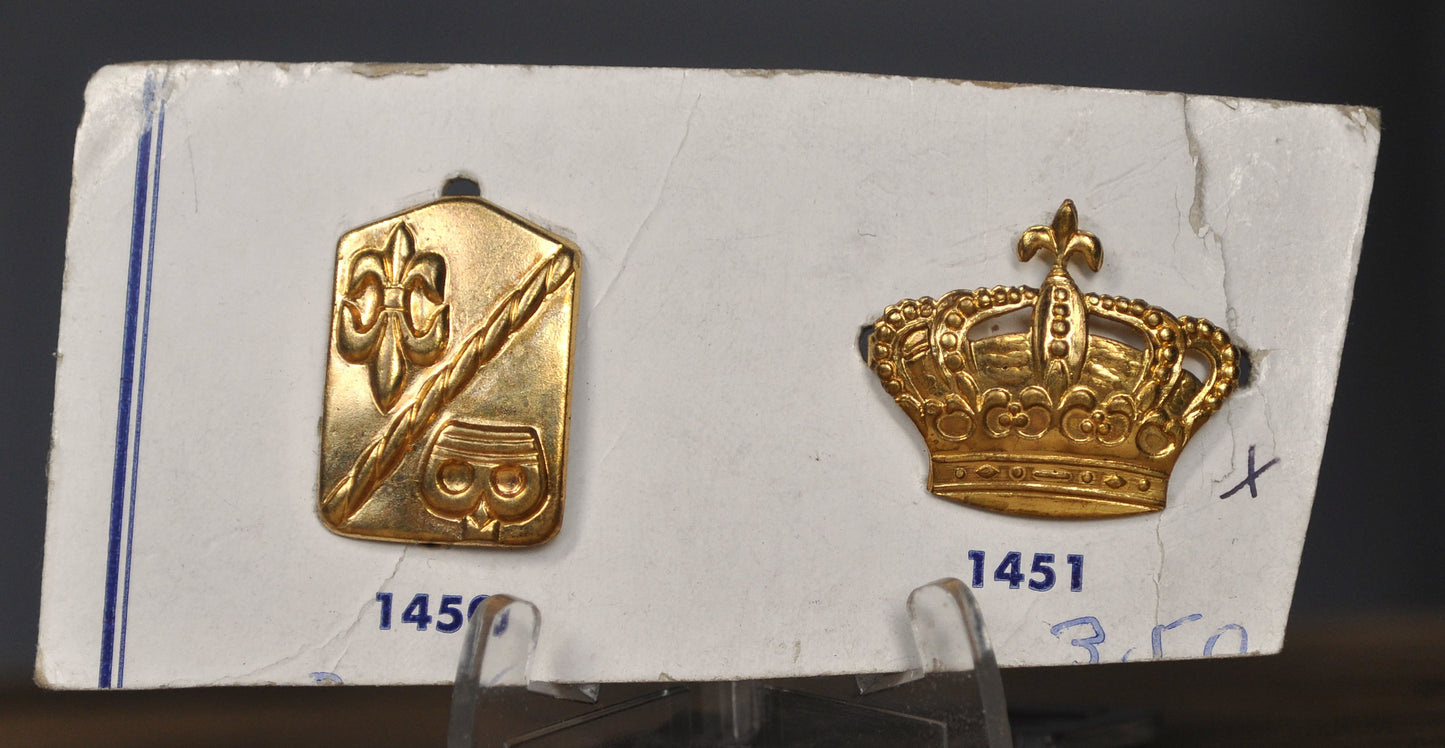 Pair of Two Gold Tone Emblems - Fleur-De-Lis and Golden Crown Pair of Emblems - Antique Set of Two Gold-Toned Emblems On Cardboard Base Numbered