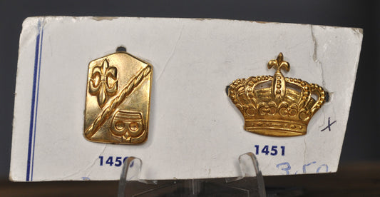 Pair of Two Gold Tone Emblems - Fleur-De-Lis and Golden Crown Pair of Emblems - Antique Set of Two Gold-Toned Emblems On Cardboard Base Numbered