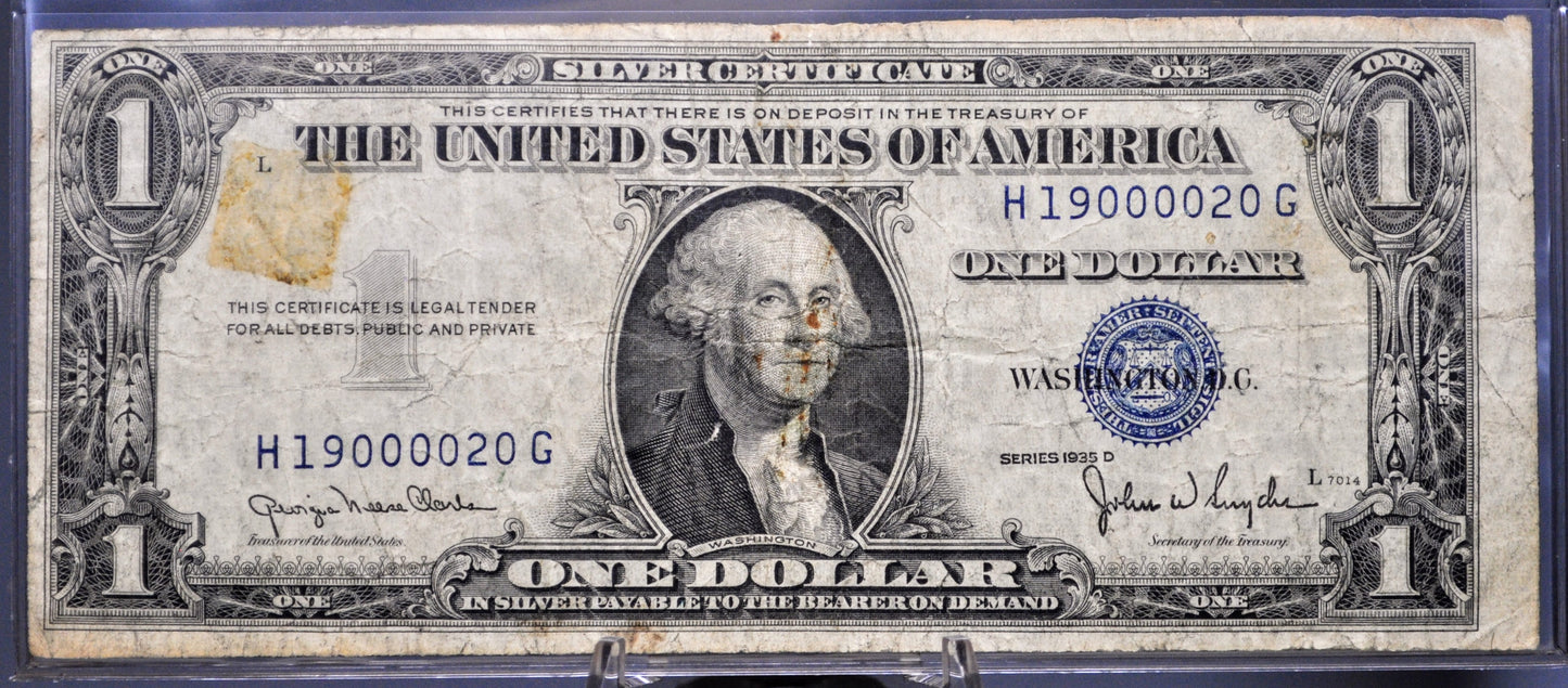 1935-D Fancy Repeating Serial Number Silver Cert 1 Dollar Note - 19000020 - 1935D Blue Seal Narrow One Dollar Fancy Serial Note - Fr.1613N