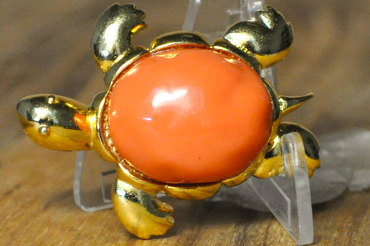 Kenneth Jay Lane Coral Turtle Brooch - Signed KJL - Gold Tone Coral Shell Turtle Brooch - Retired KJL