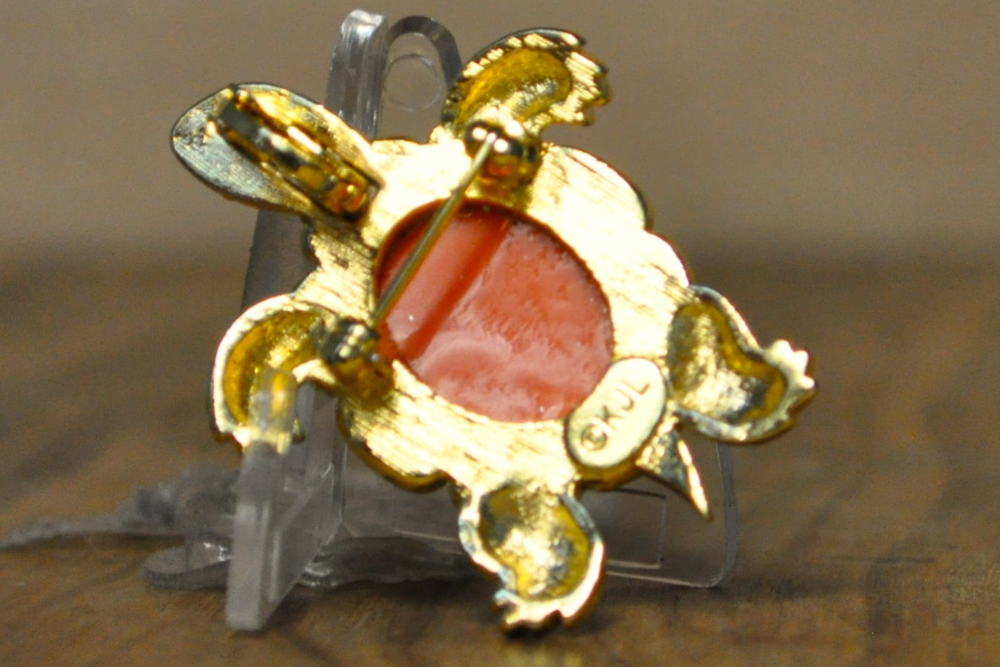 Kenneth Jay Lane Coral Turtle Brooch - Signed KJL - Gold Tone Coral Shell Turtle Brooch - Retired KJL