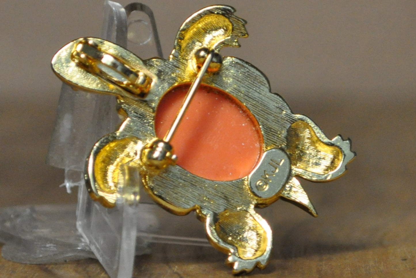 Kenneth Jay Lane Coral Turtle Brooch - Signed KJL - Gold Tone Coral Shell Turtle Brooch - Retired KJL