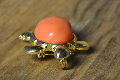 Kenneth Jay Lane Coral Turtle Brooch - Signed KJL - Gold Tone Coral Shell Turtle Brooch - Retired KJL