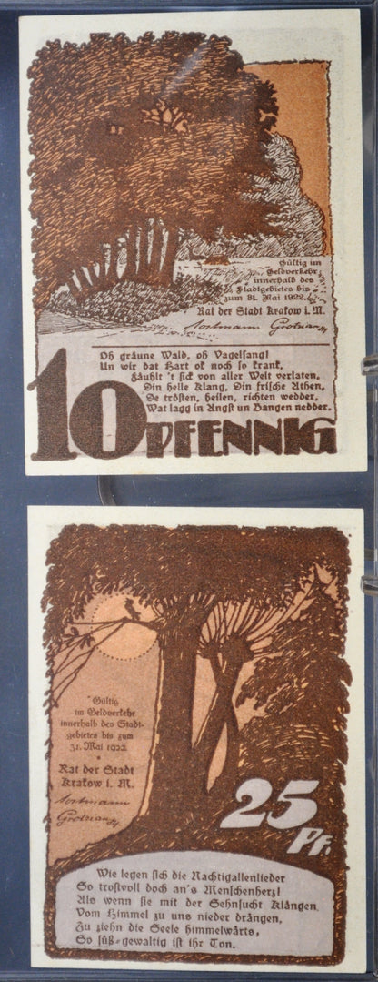 Set of 2 1922 Krakow 10 & 25 Pfennig Notgeld - Mecklenburg-Schwerin Note - 1922 German Emergency Ten and Twenty-Five Pfennig Notes