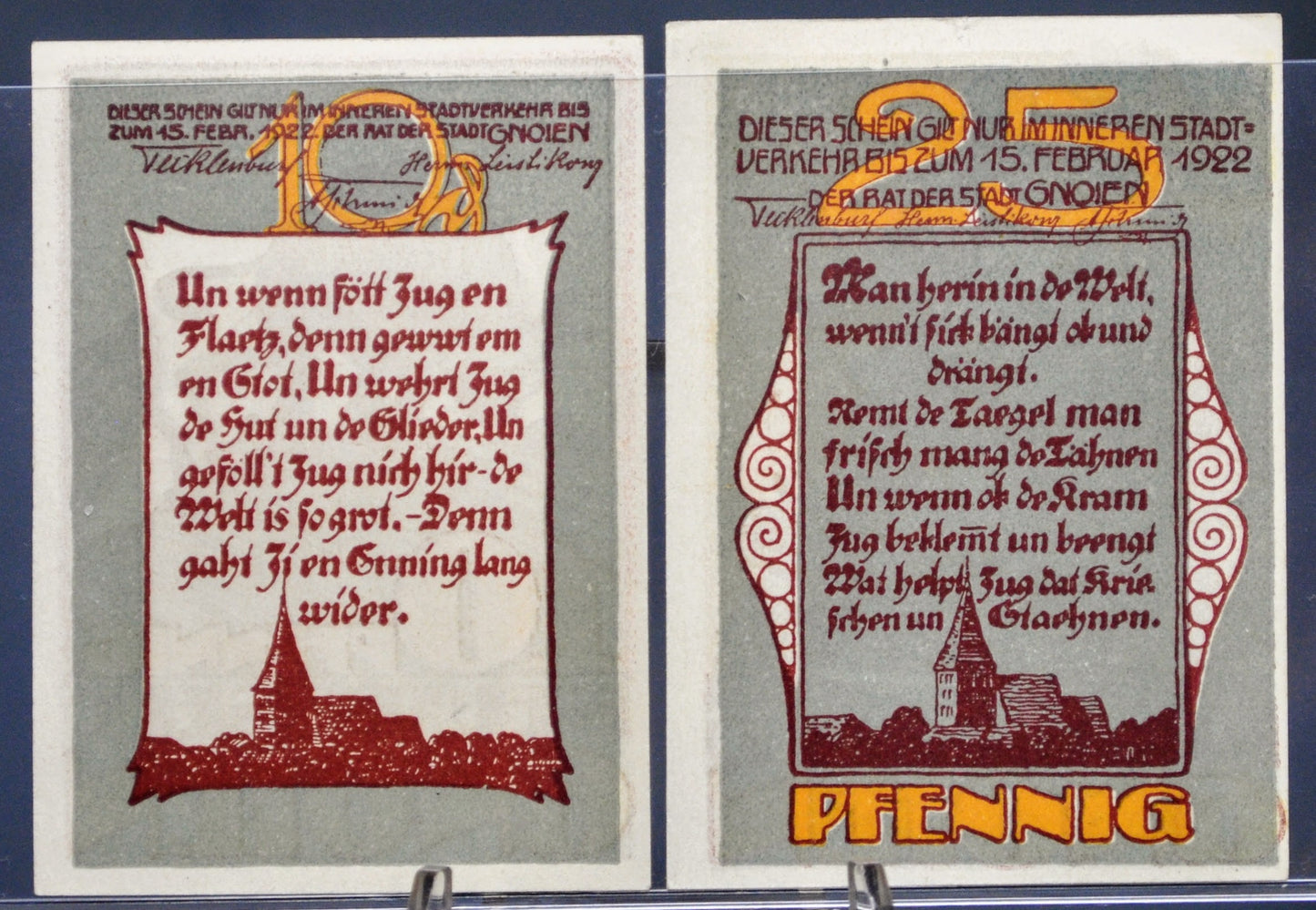 Set of 2 1922 Gnoien 10 & 25 Pfennig Notgeld - Mecklenburg-Schwerin Note - 1922 German Emergency Ten and Twenty-Five Pfennig Notes