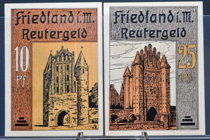 Set of 2 1922 Friedland 10 & 25 Pfennig Notgeld - Mecklenburg-Schwerin Note - 1922 German Emergency Ten and Twenty-Five Pfennig Notes