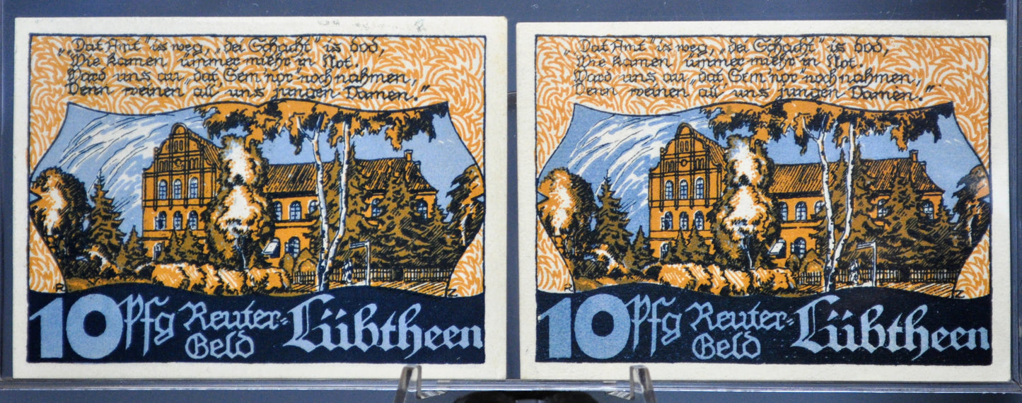Lot of 2 1922 Lubtheen Germany 10 Pfennig Notgeld - Mecklenburg-Schwerin Note - 1922 German Emergency Ten Pfennig Notes