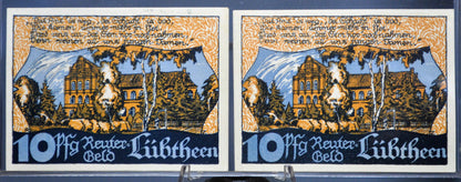 Lot of 2 1922 Lubtheen Germany 10 Pfennig Notgeld - Mecklenburg-Schwerin Note - 1922 German Emergency Ten Pfennig Notes