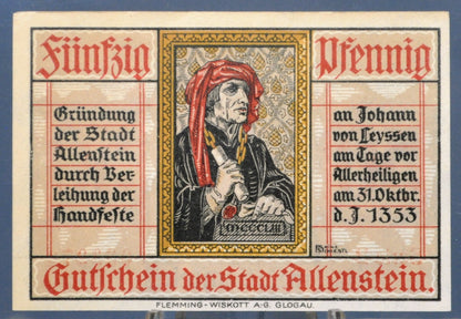 1921 Allenstein Germany 50 Pfennig Notgeld - Rarer Series B Type - WWI German Emergency Currency - 1921 German Fifty Pfennig Note