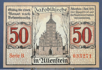 1921 Allenstein Germany 50 Pfennig Notgeld - Rarer Series B Type - WWI German Emergency Currency - 1921 German Fifty Pfennig Note