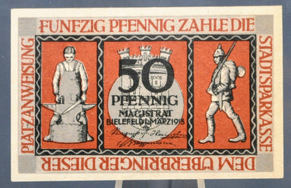 1918 Bielfeld Germany 50 Pfennig Notgeld - Soldier & Blacksmith Series - WWI German Emergency Currency - 1918 German Fifty Pfennig Note