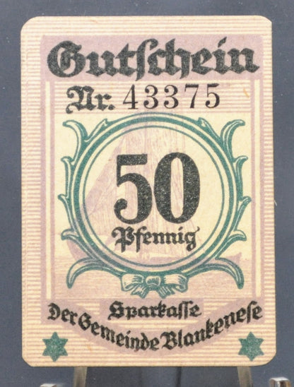 1919 Blankenese Germany Violet 50 Pfennig Notgeld - Rarer Cardboard Note - WWI German Emergency Currency - 1919 German Fifty Pfennig Note