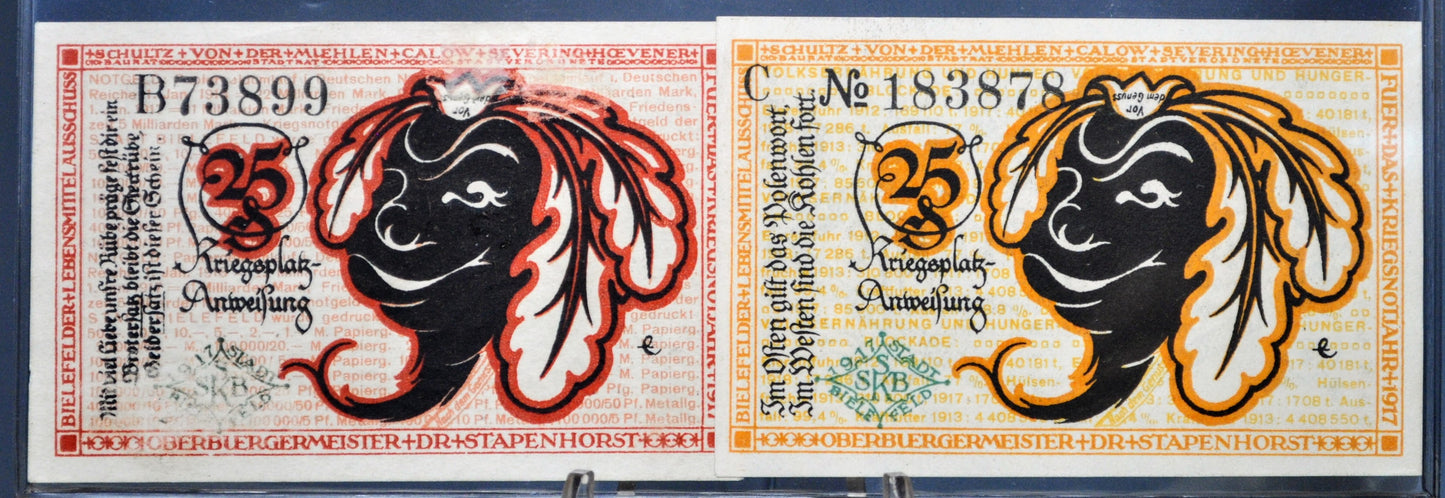 Rare 1917 Smiling Rutabaga Series Bielefeld 25 Pfennig Notgeld Set - Series B & C - 1917 German Emergency Twenty-Five Pfennig Notes