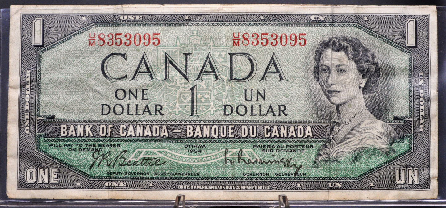 1954 Bank of Canada 1 Dollar Banknote - Modified Issue - Beattie-Raminsky Signed - 1954 Canadian One Dollar Altered Portrait Note - P#74b