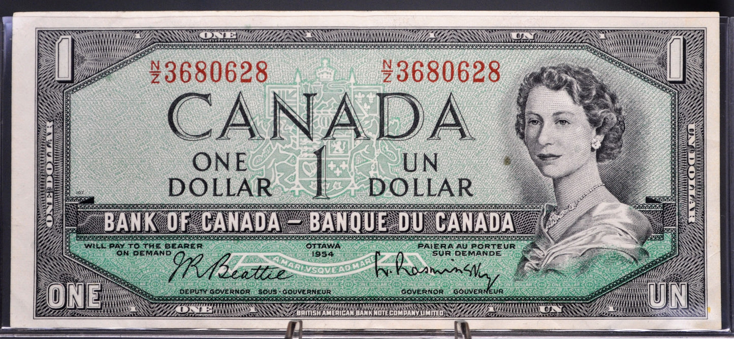 1954 Bank of Canada 1 Dollar Banknote - Modified Issue - Beattie-Raminsky Signed - 1954 Canadian One Dollar Altered Portrait Note - P#74b