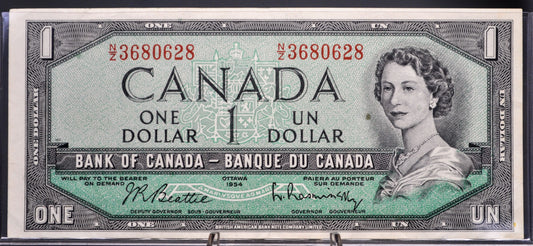 1954 Bank of Canada 1 Dollar Banknote - Modified Issue - Beattie-Raminsky Signed - 1954 Canadian One Dollar Altered Portrait Note - P#74b