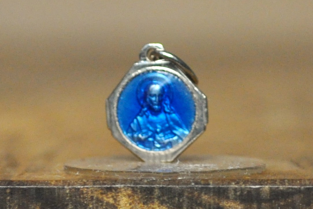 Tiny Blue Scared Heart of Jesus Charm - Tested Sterling Silver - French Jewelry
