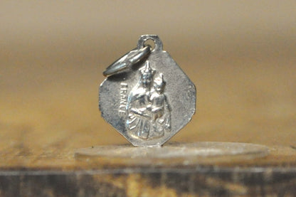 Tiny Blue Scared Heart of Jesus Charm - Tested Sterling Silver - French Jewelry