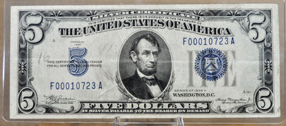 1934-A Silver Certificate 5 Dollar Low Serial Number Note - F00010723A - 1934 Five Dollar Silver Certificate Very Low Serial - Fr#1651