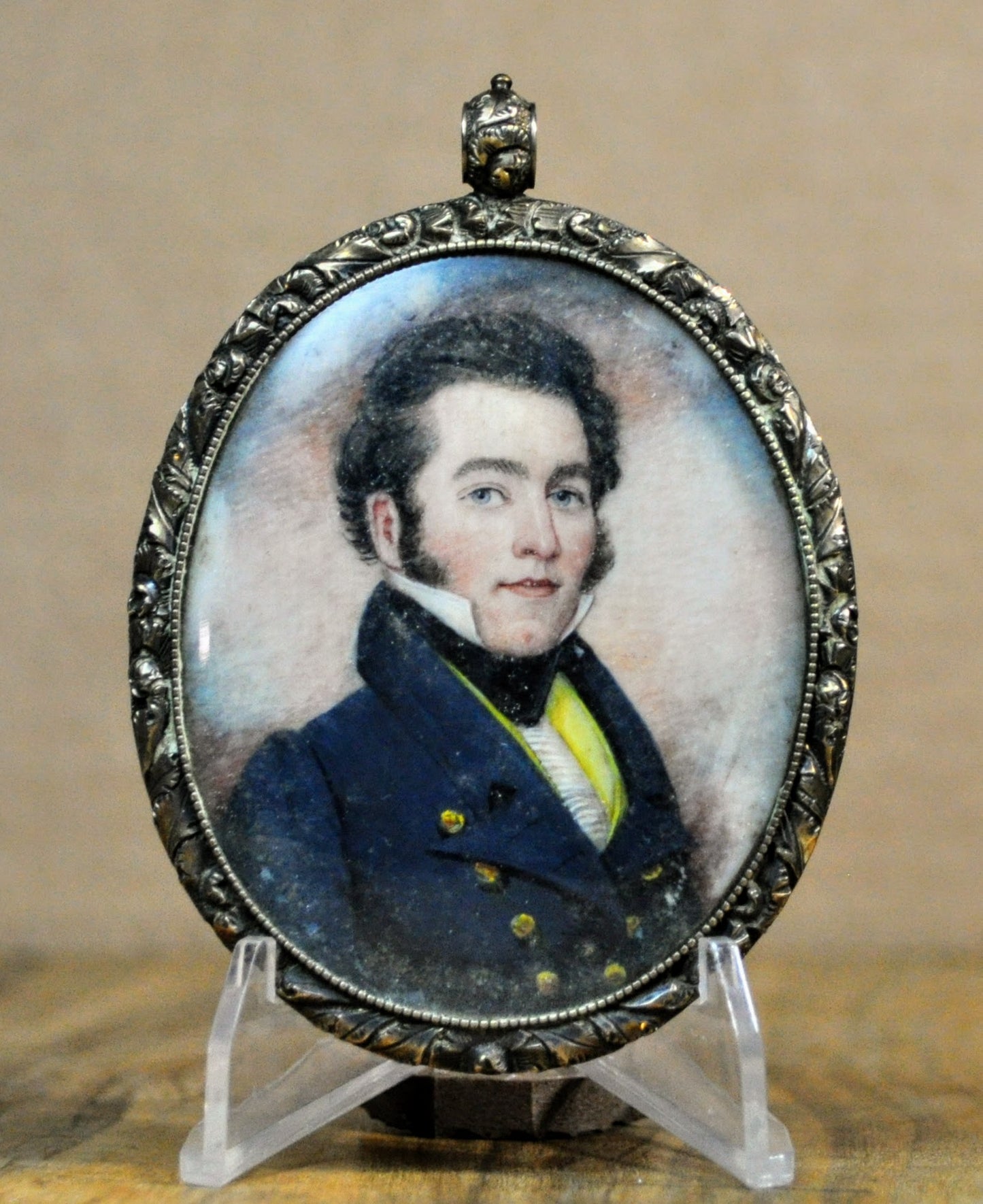 Georgian Era Gilt Portrait Miniature and Hair of Young Man Courting Pendant - Repousse Frame - Regency 1820s Hair Love Keepsake Jewelry