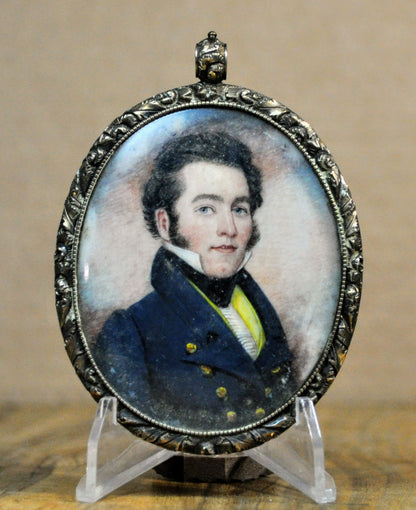 Georgian Era Gilt Portrait Miniature and Hair of Young Man Courting Pendant - Repousse Frame - Regency 1820s Hair Love Keepsake Jewelry