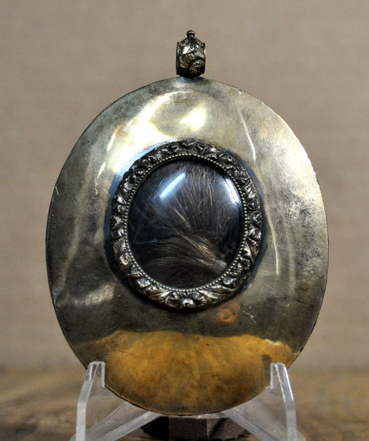 Georgian Era Gilt Portrait Miniature and Hair of Young Man Courting Pendant - Repousse Frame - Regency 1820s Hair Love Keepsake Jewelry