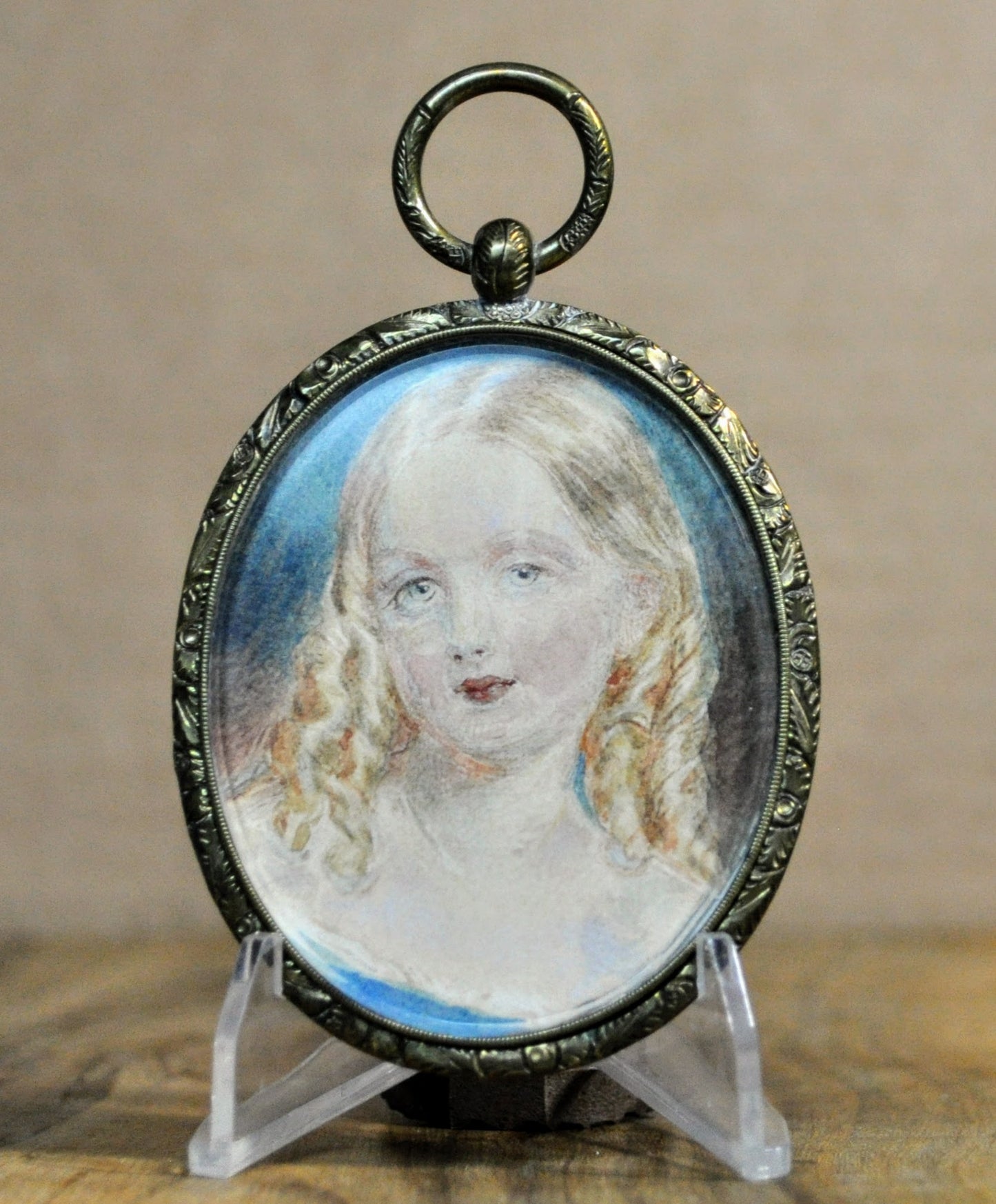 Georgian Era Gilt Portrait Miniature and Hair of Girl Mother's Keepsake Pendant - Repousse Design - 1830s Child and Mother Love Hair Jewelry