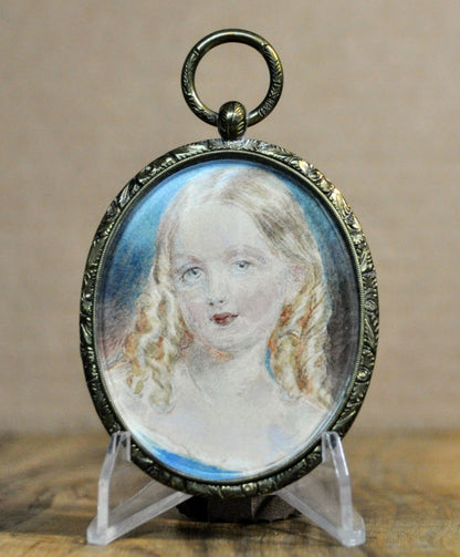 Georgian Era Gilt Portrait Miniature and Hair of Girl Mother's Keepsake Pendant - Repousse Design - 1830s Child and Mother Love Hair Jewelry