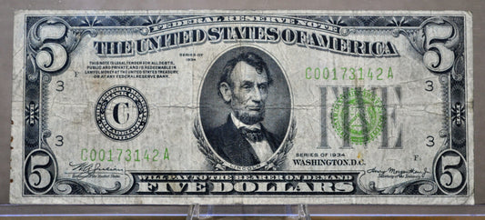 1934 Federal Reserve 5 Dollar Note - Light Green Seal (LGS) - Philadelphia (C) Issue - 1934 US Five Dollar Bill - Fr.1955-C