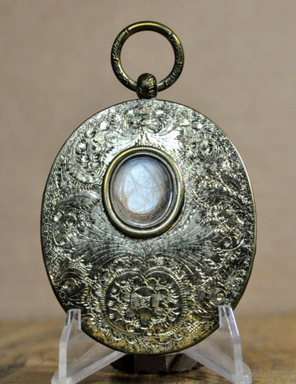 Georgian Era Gilt Portrait Miniature and Hair of Girl Mother's Keepsake Pendant - Repousse Design - 1830s Child and Mother Love Hair Jewelry