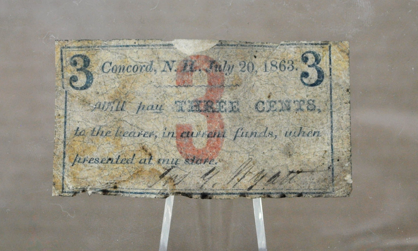 1863 Concord NH Joseph G. Wyatt 3 Cents Scrip - July 20th, 1863 - Rare Civil War Era New Hampshire Obsolete Three Cent Store Note