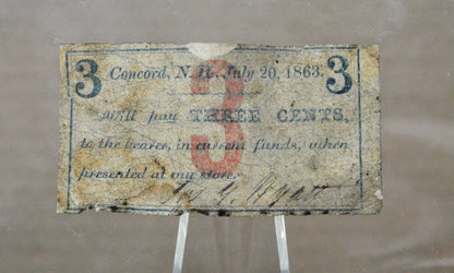 1863 Concord NH Joseph G. Wyatt 3 Cents Scrip - July 20th, 1863 - Rare Civil War Era New Hampshire Obsolete Three Cent Store Note