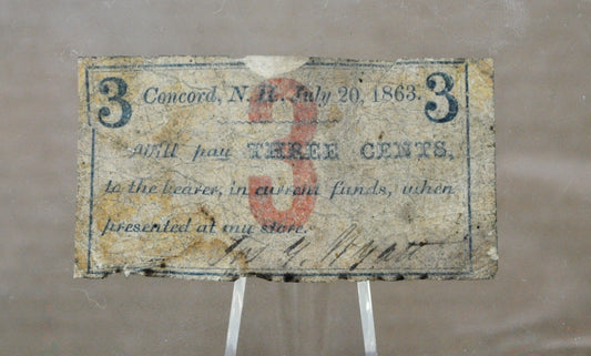 1863 Concord NH Joseph G. Wyatt 3 Cents Scrip - July 20th, 1863 - Rare Civil War Era New Hampshire Obsolete Three Cent Store Note