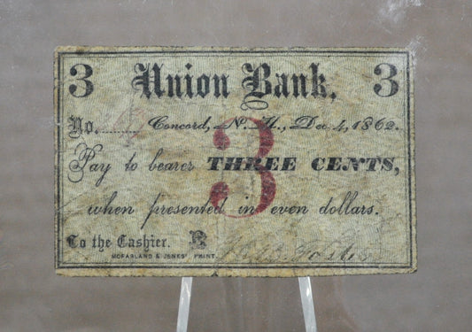 1862 Concord NH H. B. Foster 3 Cents Scrip - Druggist and Apothecary Scrip - Rare Civil War Era New Hampshire Obsolete Three Cent Store Note
