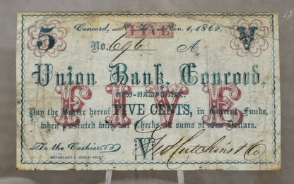 1862 Concord NH George Hutchins & Co. 5 Cents Scrip - Union Bank Scrip - Rare Civil War Era New Hampshire Obsolete Five Cent Store Note