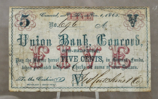 1862 Concord NH George Hutchins & Co. 5 Cents Scrip - Union Bank Scrip - Rare Civil War Era New Hampshire Obsolete Five Cent Store Note