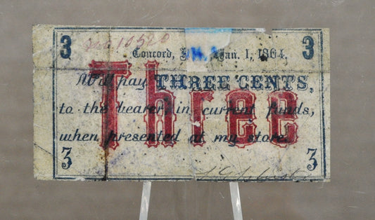 1864 Concord NH S. G. Sylvester 3 Cents Scrip - Lowercase Three Type - Rare Civil War Era New Hampshire Obsolete Three Cent Store Note