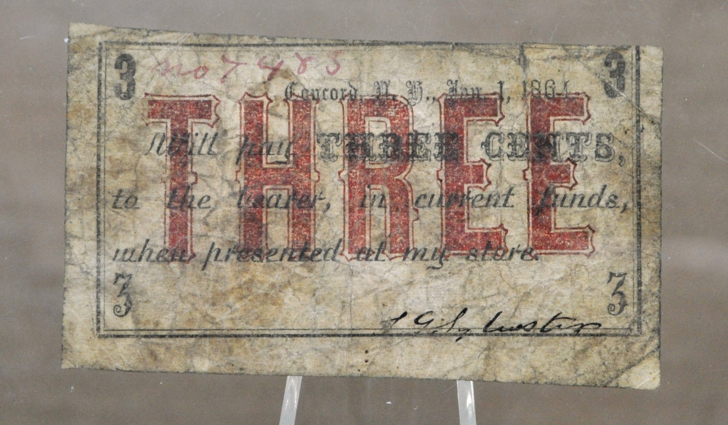 1864 Concord NH S. G. Sylvester 3 Cents Scrip - Uppercase Three Type - Rare Civil War Era New Hampshire Obsolete Three Cent Store Note