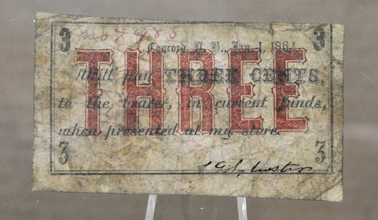 1864 Concord NH S. G. Sylvester 3 Cents Scrip - Uppercase Three Type - Rare Civil War Era New Hampshire Obsolete Three Cent Store Note