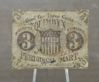 1860s N.D. Manchester NH Quimby's Periodical Mart 3 Cents Scrip - Rare New Hampshire Obsolete Three Cent Store Note